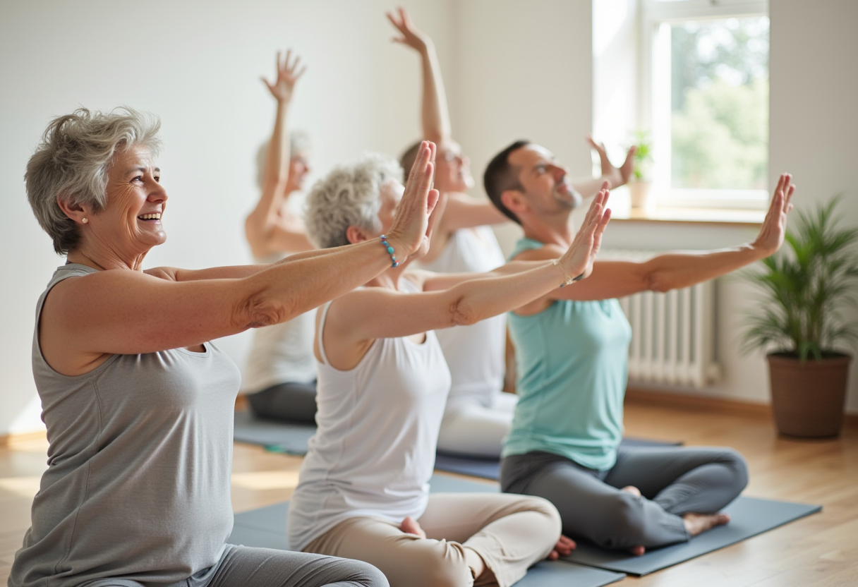 Група зрели хора практикуват йога с усмивки и концентрация