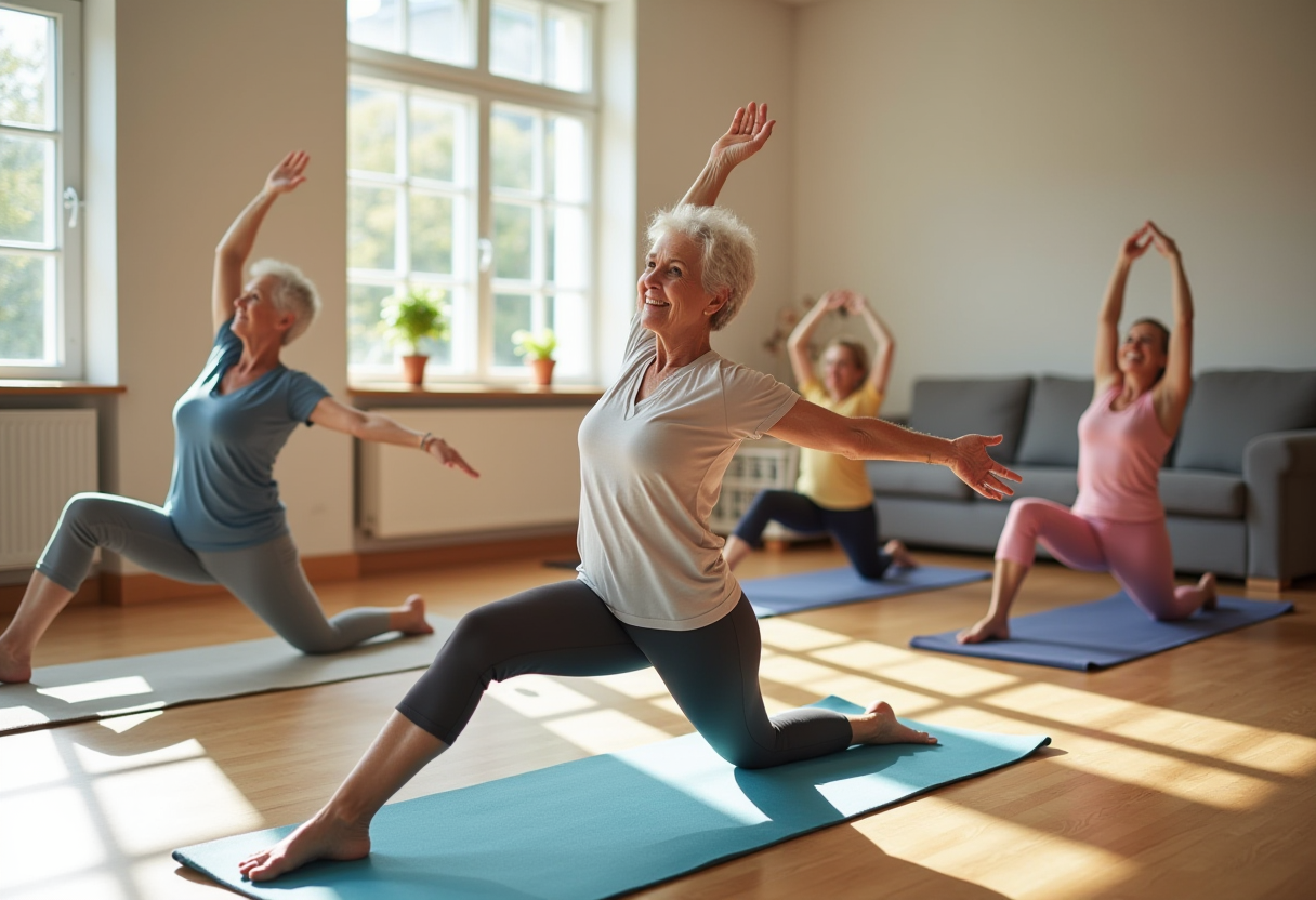 Инструктор помага на възрастна жена с йога поза в безопасна среда